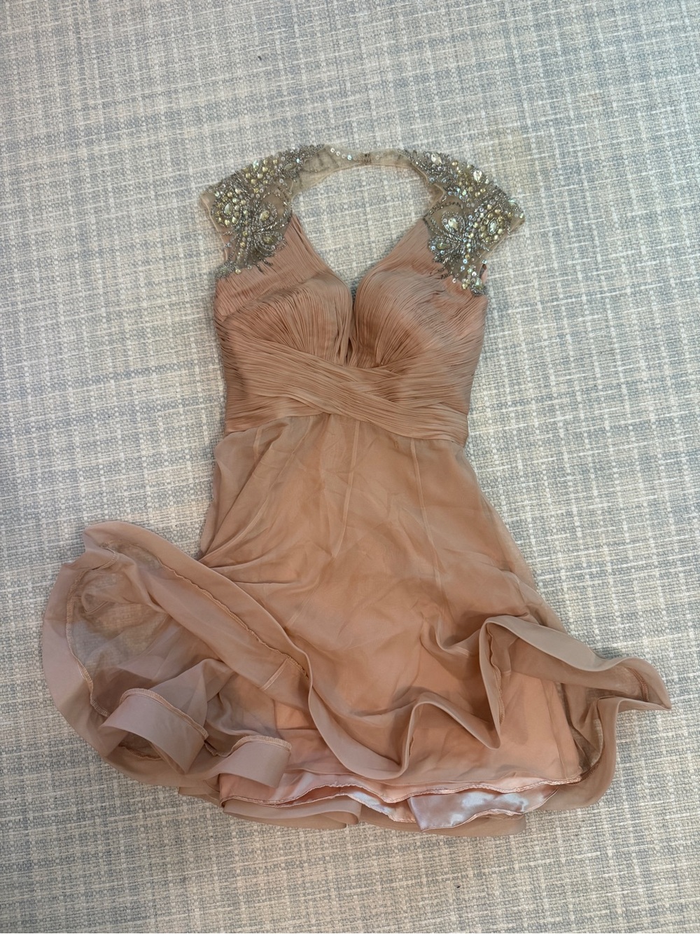 Mac Duggal Blush Beaded Halter Mini Dress